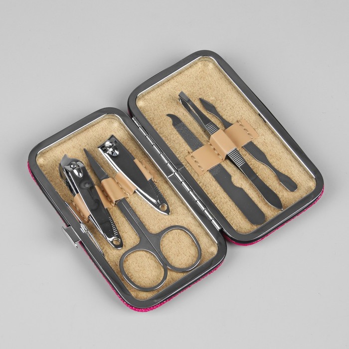 Набор маникюрный, 6 предметов, цвет розовый неоновый