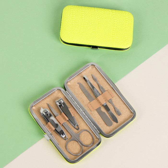 Набор маникюрный, 6 предметов, цвет зелёный неоновый