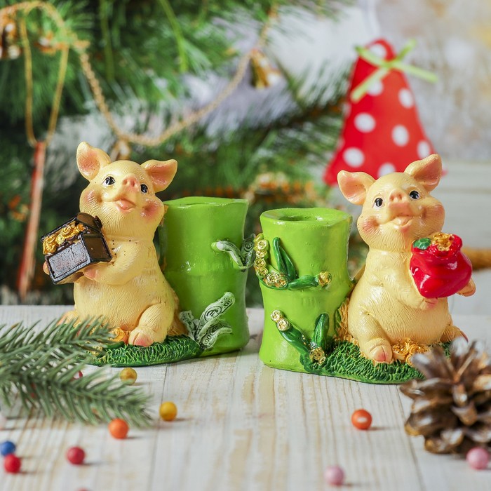 Сувенир полистоун карандашница "Поросёнок и клад" МИКС 9х9,5х5,5 см