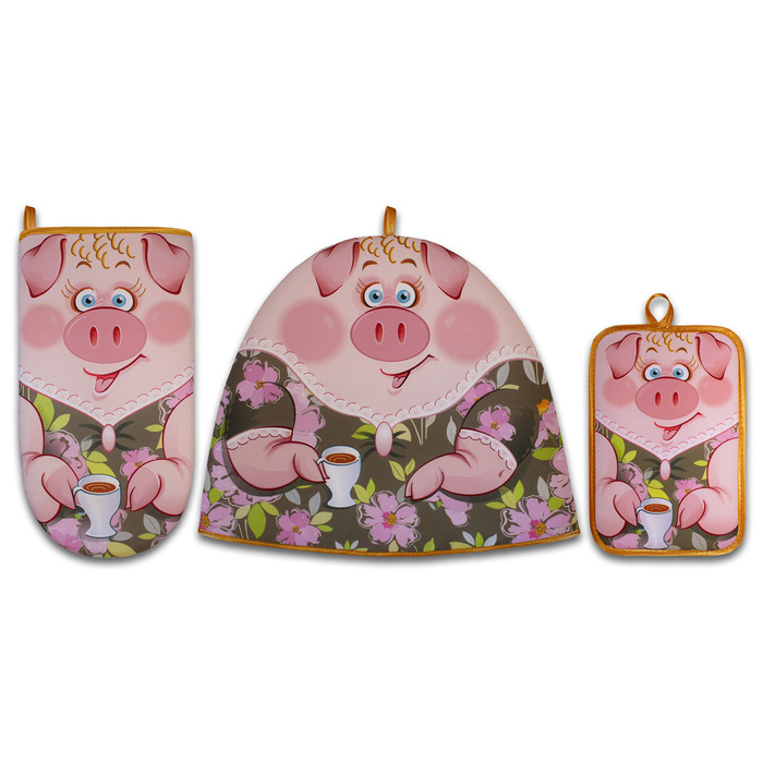 Набор "Миссис Свин" (1) грелка,прихватка 15х22,рукавица,габардин ,ваф.п,160 г/м2,100% хл.