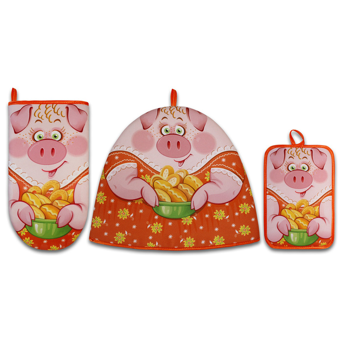 Набор "Свинка Дуняша " грелка,прихватка 15х22, рукавица,габардин ,ваф.п,160 г/м2,100% хл.