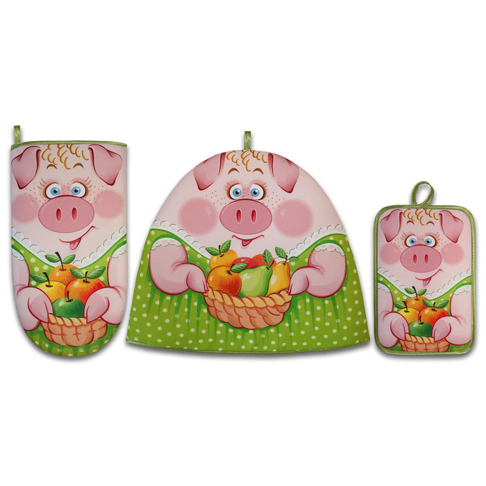 Набор "Свинка Маня" зел.,грелка,прихватка 15х22, рукавица,габардин,ваф.п,160 г/м2,100% хл