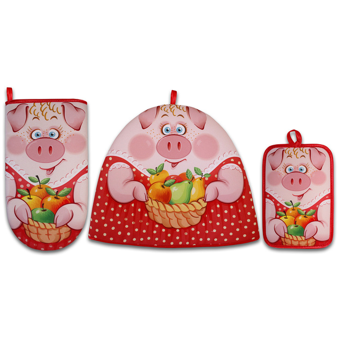 Набор "Свинка Маня" крас.,грелка,прихватка 15х22,рукавица,габардин,ваф.п,160 г/м2,100% хл
