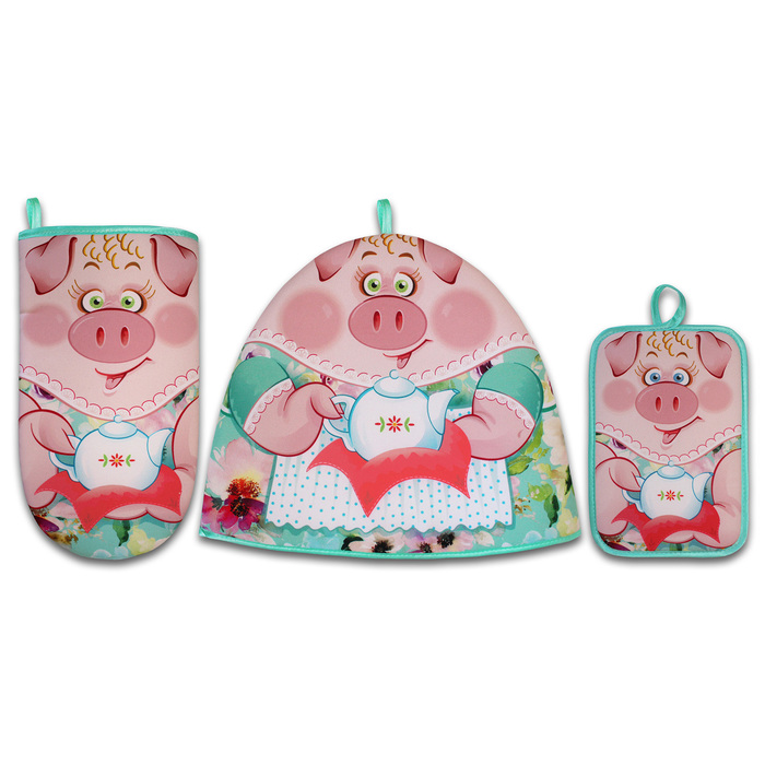 Набор "Свинка Нюша" грелка, прихватка 15х22, рукавица,габардин,ваф.п,160 г/м2,100% хл