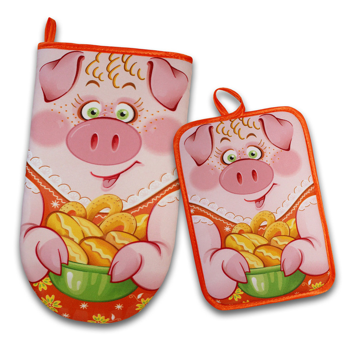 Набор "Свинка Дуняша " рукавица 29,5, прихватка 22х15, габардин,ваф.п,160 г/м2,100% хл