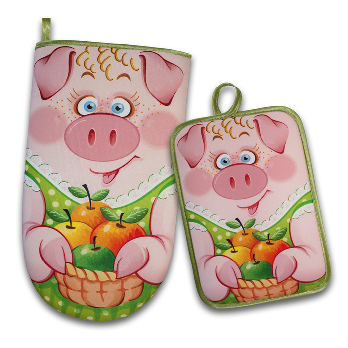 Набор "Свинка Маня" зелён рукавица 29,5, прихватка 22х15, габардин,ваф.п,160 г/м2,100% хл