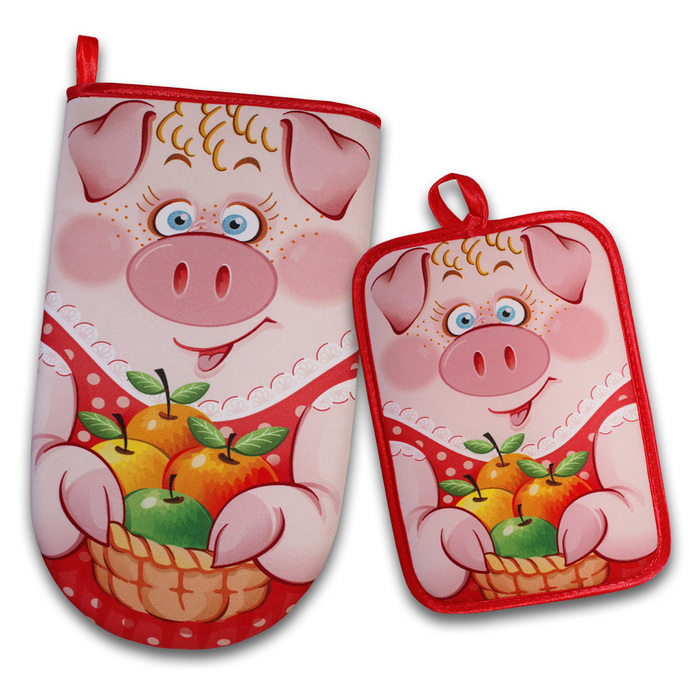 Набор "Свинка Маня" красн. рукавица 29,5, прихватка 22х15, габардин,ваф.п,160 г/м2,100% хл