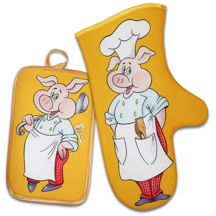 Набор "Повар хрюшка" рукавица 30 см, прихватка 22х15,4 габардин,ваф.п,160 г/м2,100% хл