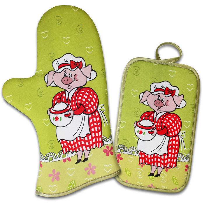 Набор "Бабуля Хрюля" (3) рукавица 30 см, прихватка 22х15,8 габардин,ваф.п,160 г/м2,100% хл