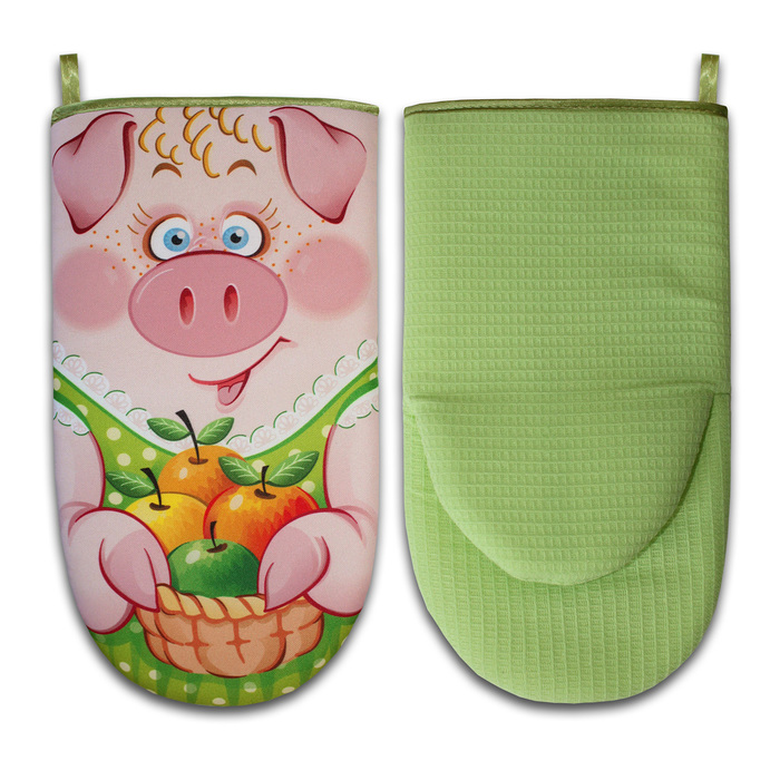 Прихватка рукавица-лягушка "Свинка Маня" зелёный 30 см, габардин,ваф.п,160 г/м2,100% хл