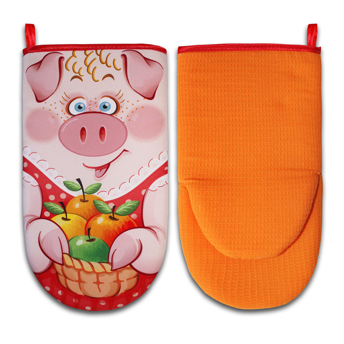 Прихватка рукавица-лягушка "Свинка Маня" красный 30 см, габардин,ваф.п,160 г/м2,100% хл