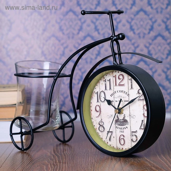 фото Часы настольные "велосипед ретро", чёрный, с кашпо, 30х22.5х11 см