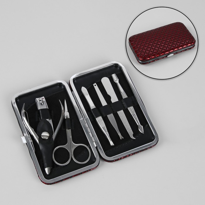 Набор маникюрный, 7 предметов, цвет бордовый/чёрный