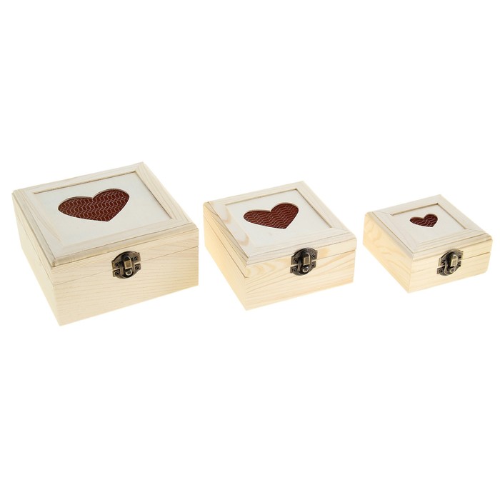 Шкатулка для росписи квадратная "Сердце", набор из 3-х шт