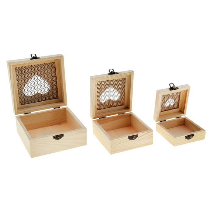 Шкатулка для росписи квадратная "Сердце", набор из 3-х шт