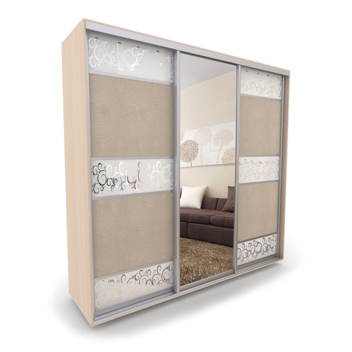 Шкаф-купе Акцент-Лайн, 2400х600х2300 мм, цвет дуб молочный/экокожа "Лоза светлая", зеркало