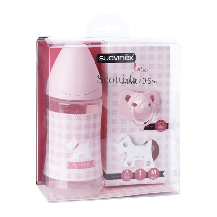 Набор Suavinex SCOTTISH от 0-6 мес. "Собачка", бутылка 270мл + соска + держатель, розовый