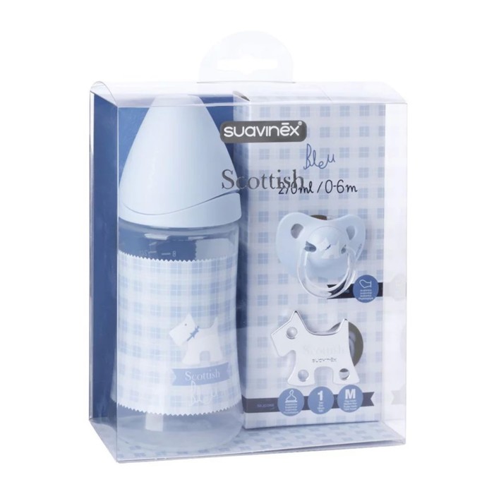Набор Suavinex SCOTTISH от 0-6 мес.,"Собачка", бутылка 270мл + соска + держатель, голубой