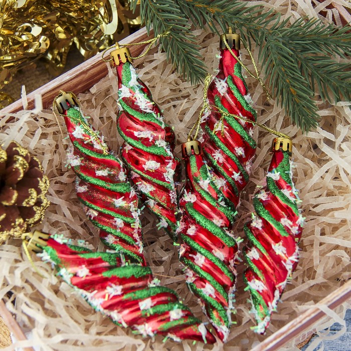 Украшение ёлочное "Сосульки с инеем" красный (набор 6 шт) 3,5*10,5 см