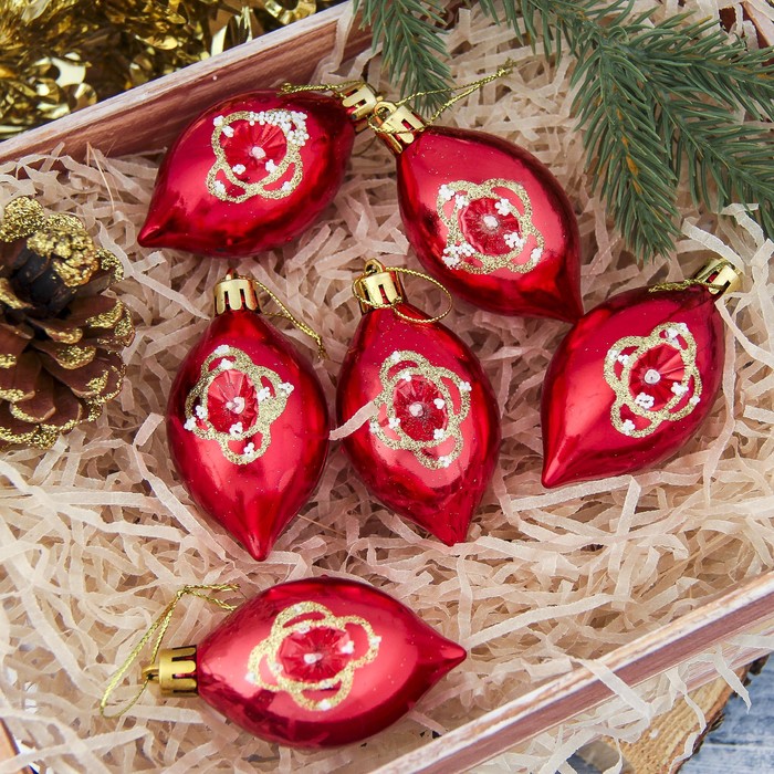 Украшение ёлочное "Луковка-цветок" красная (набор 6 шт) 4*7 см