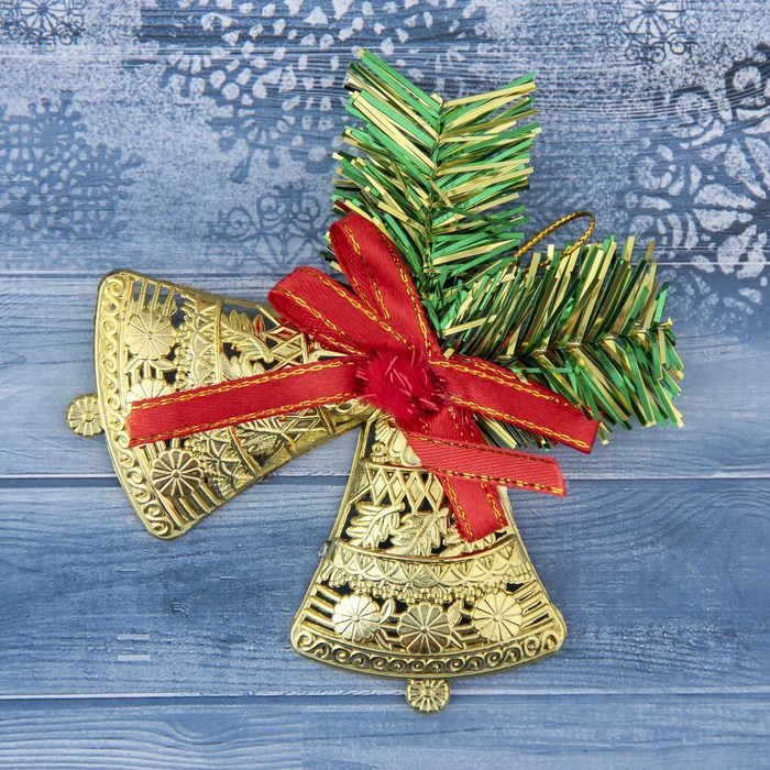 Украшение ёлочное колокольчик "Двойной с бантиком" 9,5*6,5 см, золото