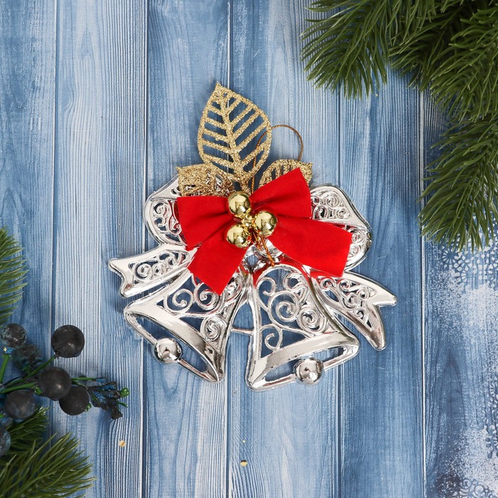 Украшение ёлочное колокольчик "Двойной с цветком" 11,5*15 см, серебристый