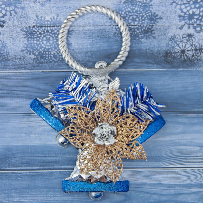 Украшение ёлочное колокольчик "Тройной с цветком" 12*16,5 см, серебро с синим