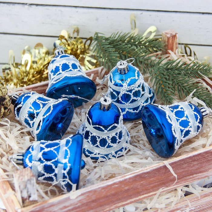 Украшение ёлочное "Колокольчик" синий с узорами (набор 6 шт) 6*5,5 см