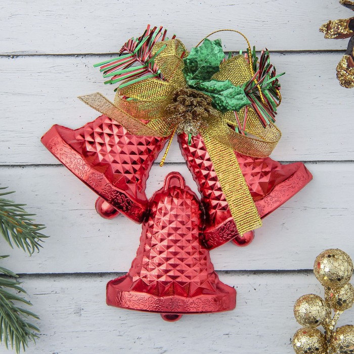 Украшение ёлочное колокольчик "Тройной с шишкой" 12*12 см, красный