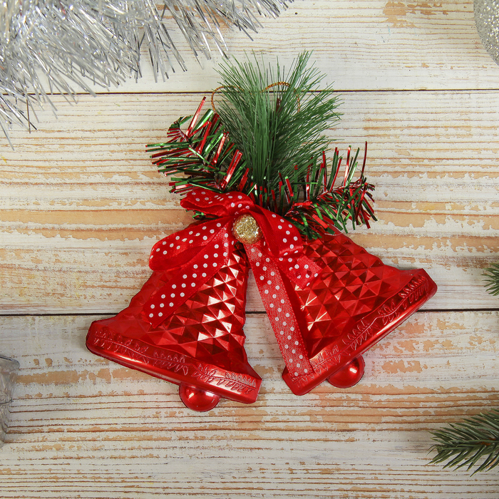 Украшение ёлочное колокольчик "Двойной с бантиком в горошек" 15*9,5 см, красный