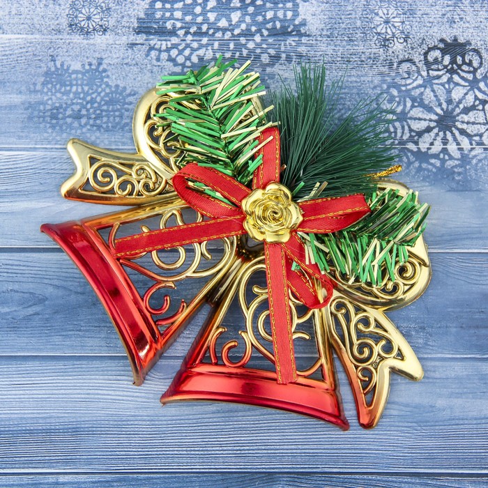 Украшение ёлочное колокольчик "Двойной переливной" 15*11 см, золото с красным