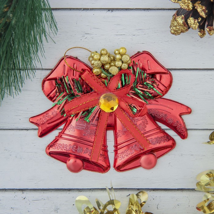 Украшение ёлочное колокольчик "Двойной с мишурой" 12,3*9,5 см, красный