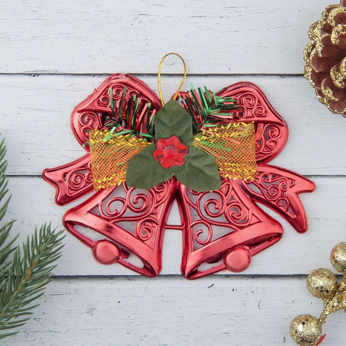 Украшение ёлочное колокольчик "Двойной с цветком и мишурой" 12,3*9,5 см, красный