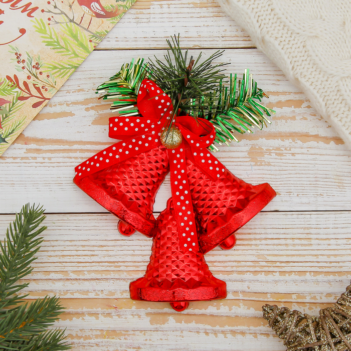 Украшение ёлочное колокольчик "Тройной с бантиком в горошек" 12*12 см, красный