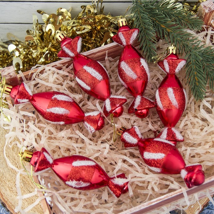 Украшение ёлочное "Конфетки" красные (набор 6 шт) блеск 3,5*11 см