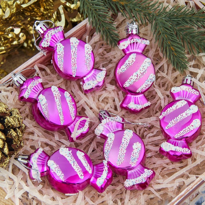 Украшение ёлочное "Конфеты" сиреневые с белой посыпкой (набор 6 шт) 4*7,5 см