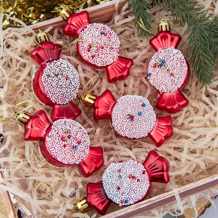 Украшение ёлочное "Конфеты" красные с посыпкой" (набор 6 шт) 4*7,5 см