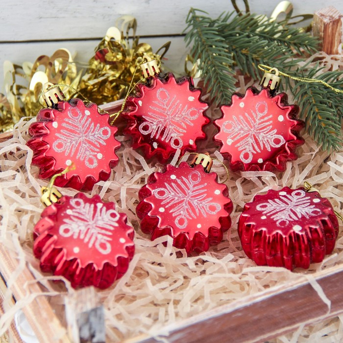 Украшение ёлочное "Печенье" снежинка (набор 6 шт) 4*5 см, красный