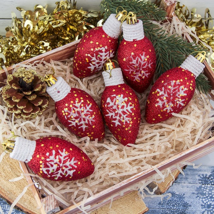 Украшение ёлочное "Лампочка со снежинкой" красная (набор 6 шт) 4,5*10 см