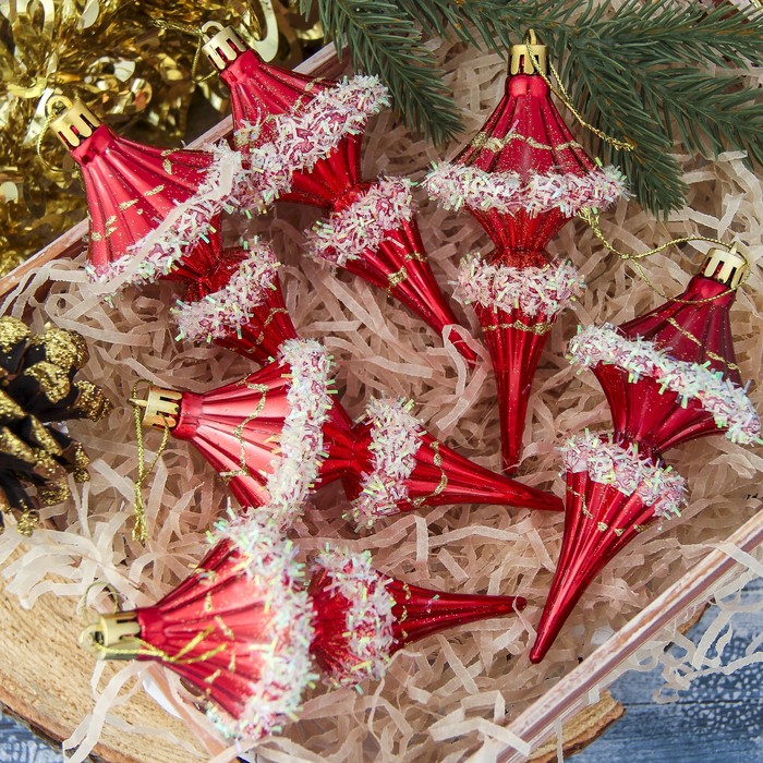 Украшение ёлочное "Сосулька" белый пух (набор 6 шт) 5,5*13 см, красная