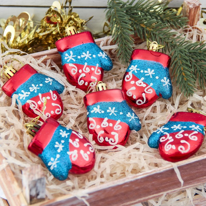 Украшение ёлочное "ВАрежка" красно-синяя (набор 6 шт) 5*6 см