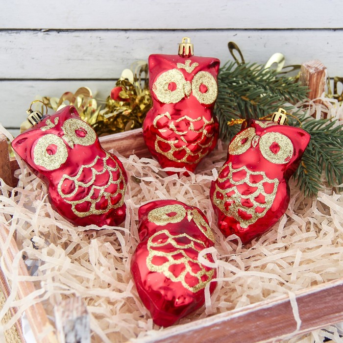 Набор украшений пластик 5*8,7 см 4 шт совы красный