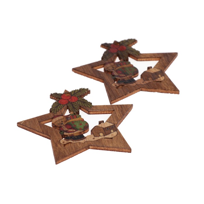 Набор декора для творчества дерево "Мишка с мешком подарков в звёздочке"набор 2 шт 7х6,7см