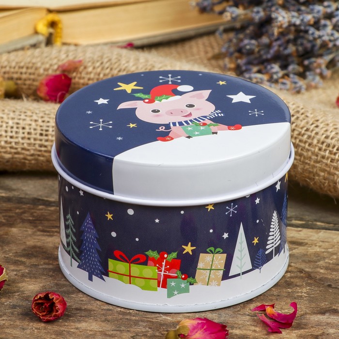 Шкатулка металл круглая "Поросёночек новогодний с подарками" 4,5х7,5х7,5 см