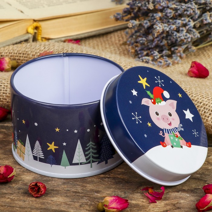 Шкатулка металл круглая "Поросёночек новогодний с подарками" 4,5х7,5х7,5 см