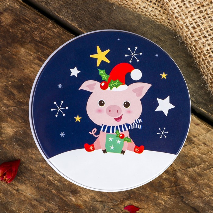 Шкатулка металл круглая "Поросёночек новогодний с подарками" 4,5х7,5х7,5 см