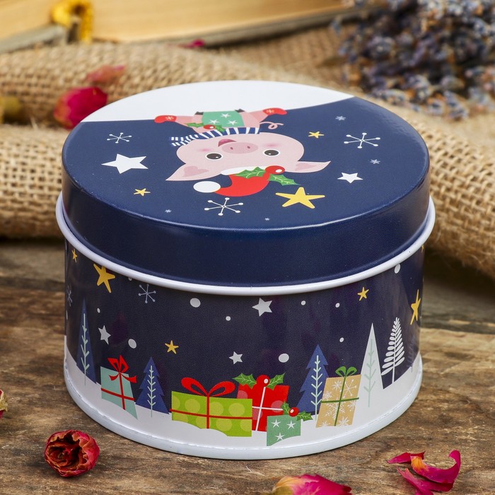 Шкатулка металл круглая "Поросёночек новогодний с подарками" 4,5х7,5х7,5 см