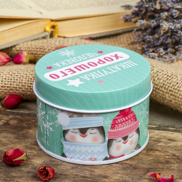 Шкатулка металл круглая "Пингвинчики - шкатулка хорошего человека" 4,5х7,5х7,5 см