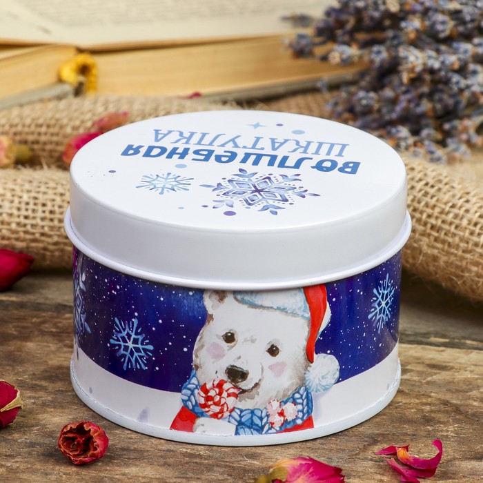 Шкатулка металл круглая "Белый мишка в красном колпаке" 4,5х7,5х7,5 см