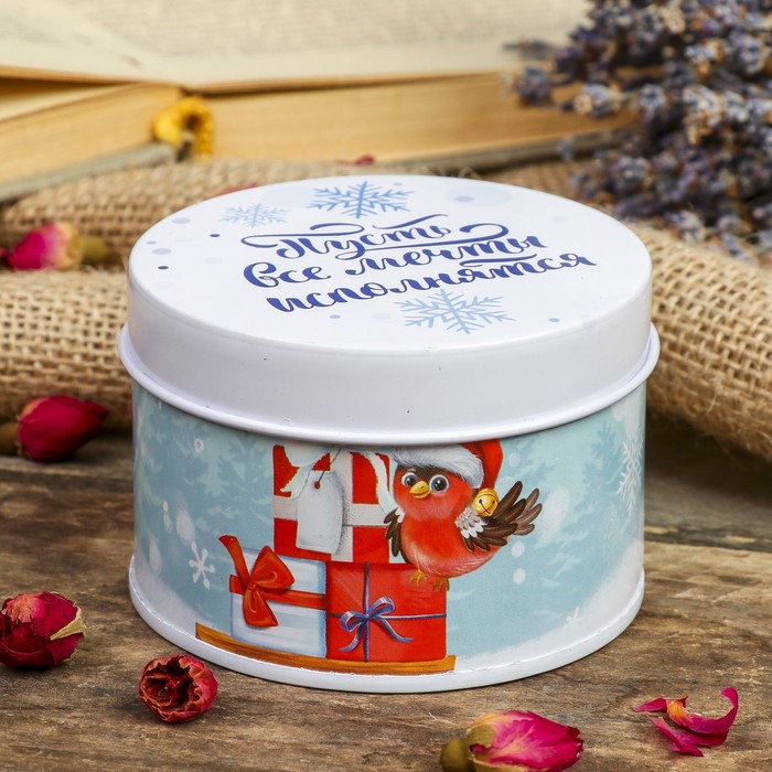 Шкатулка металл круглая "Зайчик и снегирь - Пусть все мечты исполнятся" 4,5х7,5х7,5 см